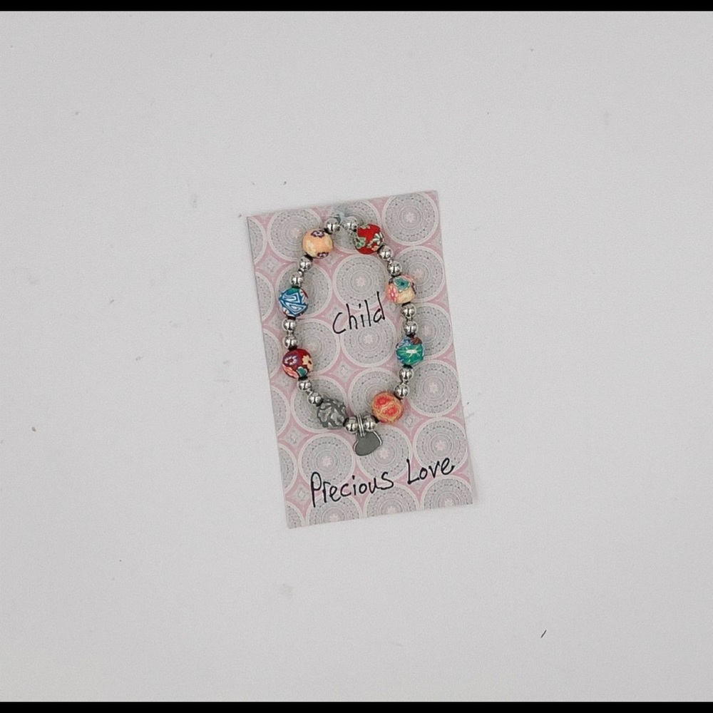 Handmade Mixed Clay Beaded Bracelet w/Heart Charm